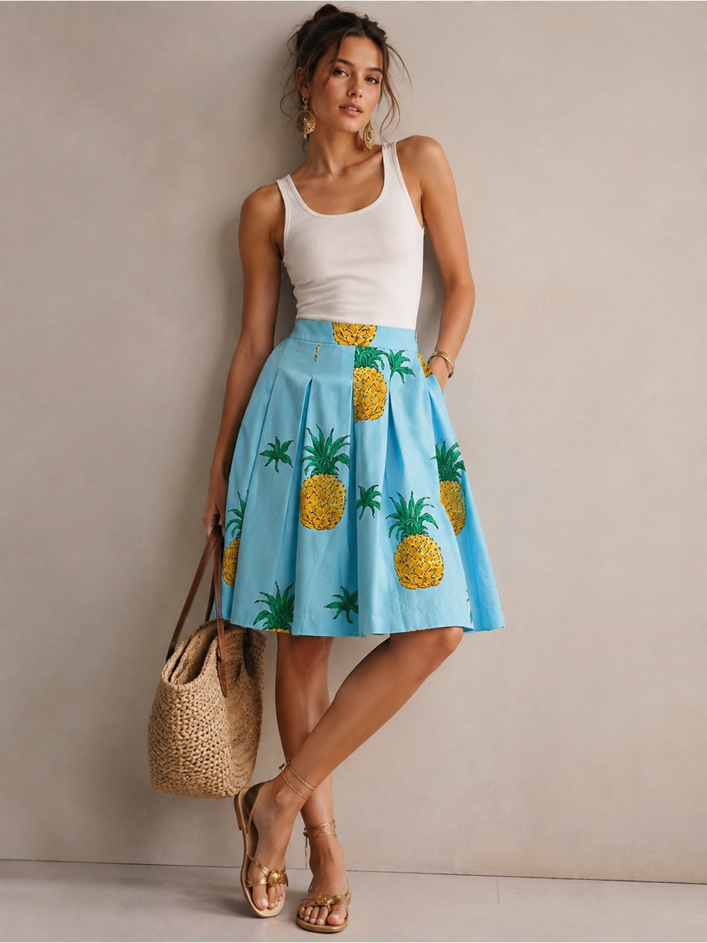 RSVP by Talbots Pineapple Print Pleated Skirt Blue Yellow Preppy 6P Petite